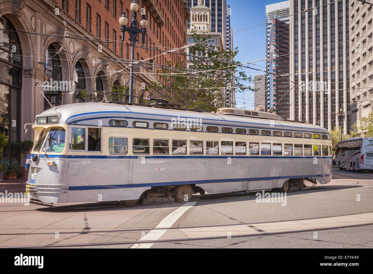 A vintage streetcar turning out of Market Street, San Francisco. Stock Photo