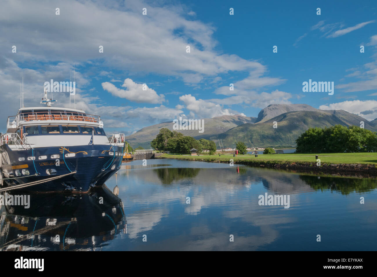 Cruise Liner Lord of the Glens on th Caledonian Canal at Corpach nr Fort William Lochaber Highland Scotland with Ben Nevis Stock Photo