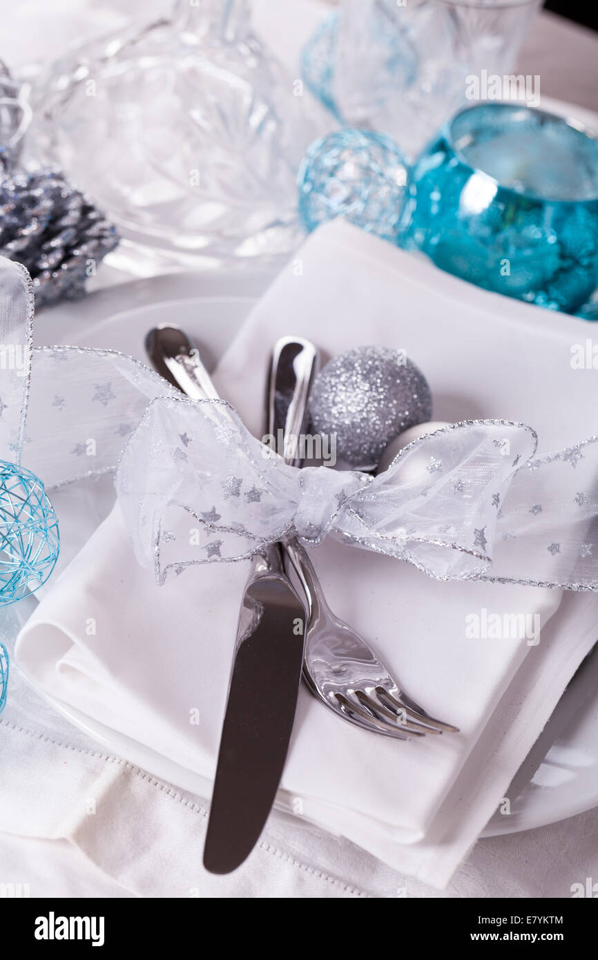 Stylish blue and silver Christmas table setting with a pretty Stock ... Stylish blue and silver Christmas table setting with a pretty Stock ...
