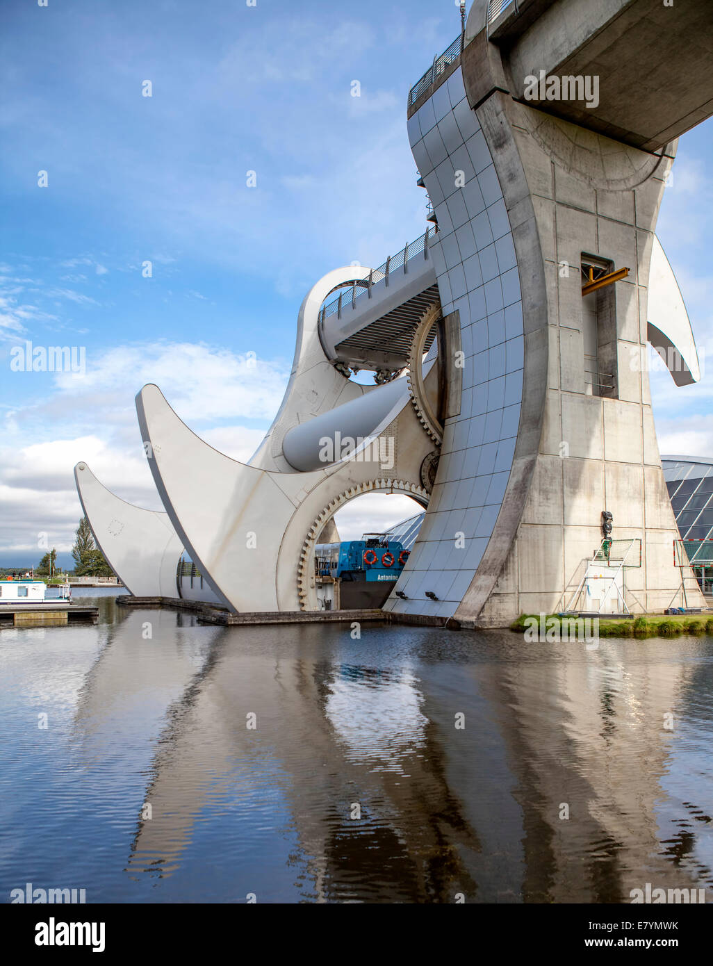 The Falkirk Wheel is a rotating boat lift in Falkirk, Scotland, connecting the Forth and Clyde Canal with the Union Canal. Stock Photo