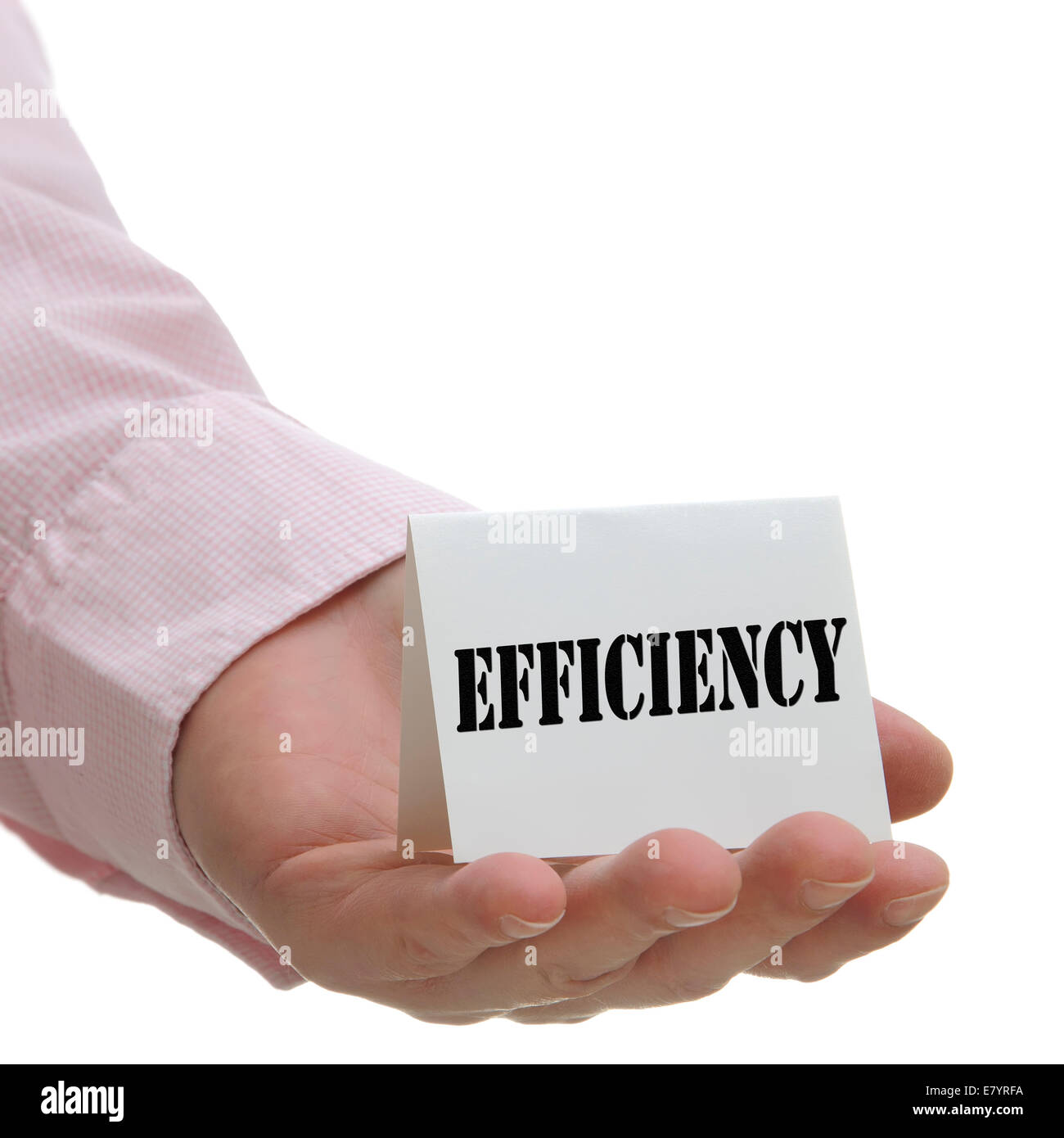 Business man holding efficiency sign on hand Stock Photo