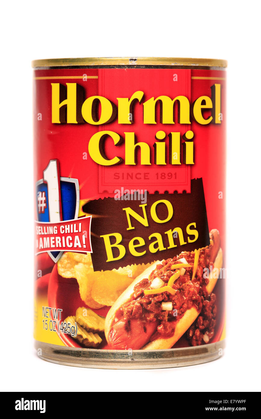 A can of Hormel brand chili with no beans Stock Photo