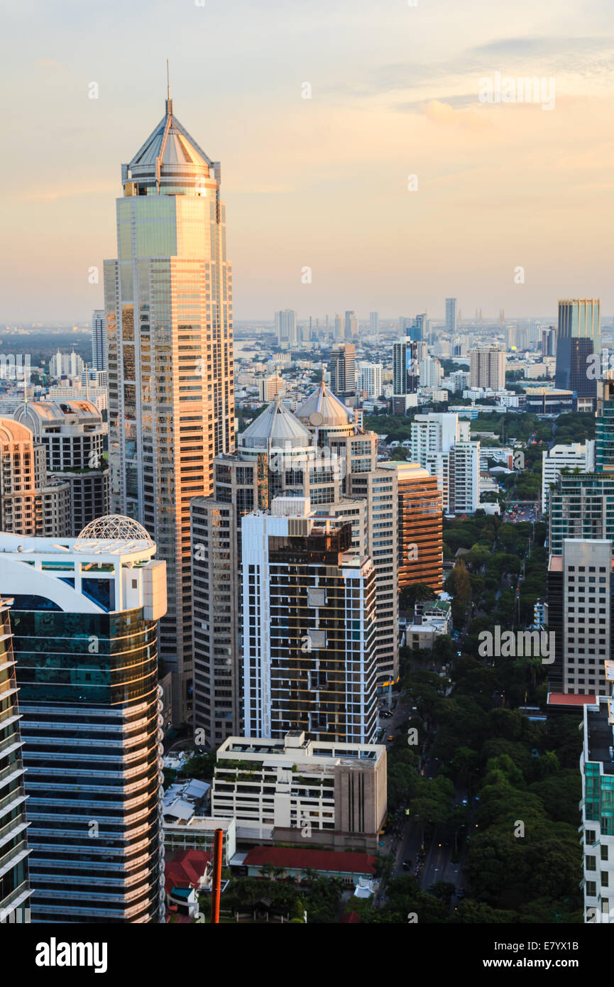 View of Bangkok skyline in the evening. This picture was taken at the commercial center of Bangkok, Thailand. Stock Photo