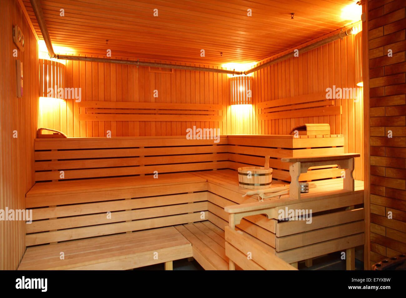 bright and hot interior of modern russian sauna Stock Photo Alamy