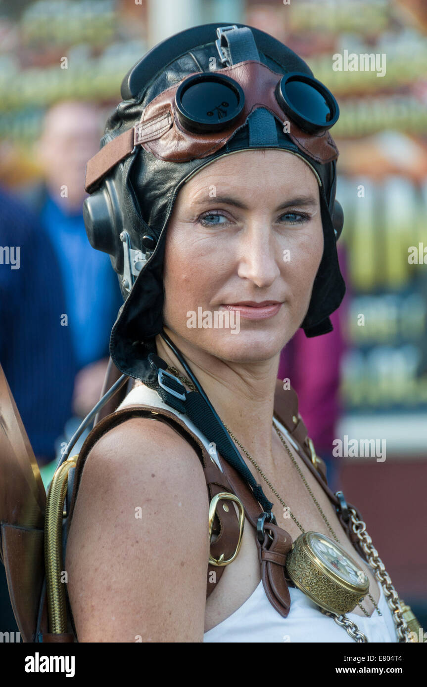 Steampunk woman at the Whitby Goth weekend which is held at Halloween Stock Photo