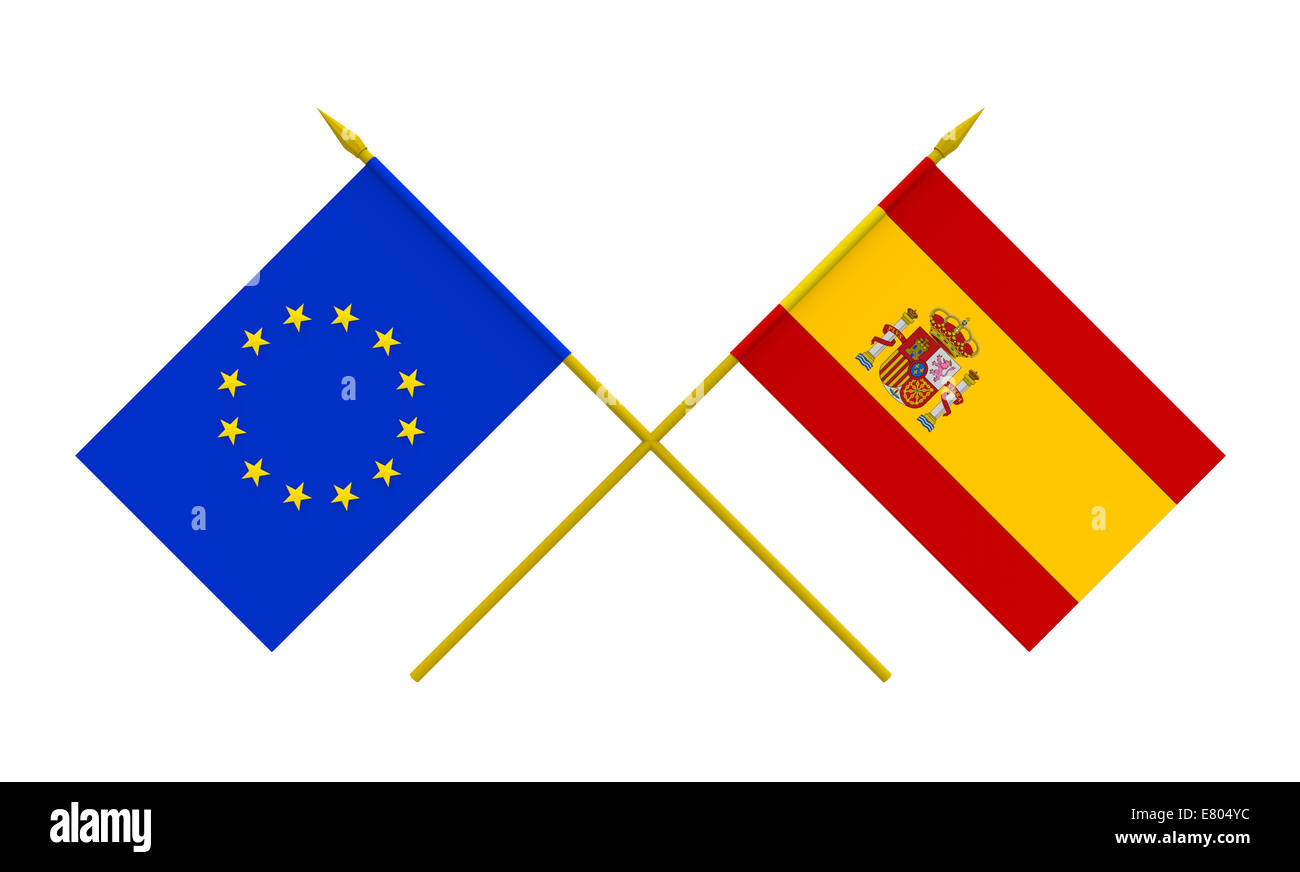 Flags of Spain and European Union, 3d render, isolated on white Stock Photo