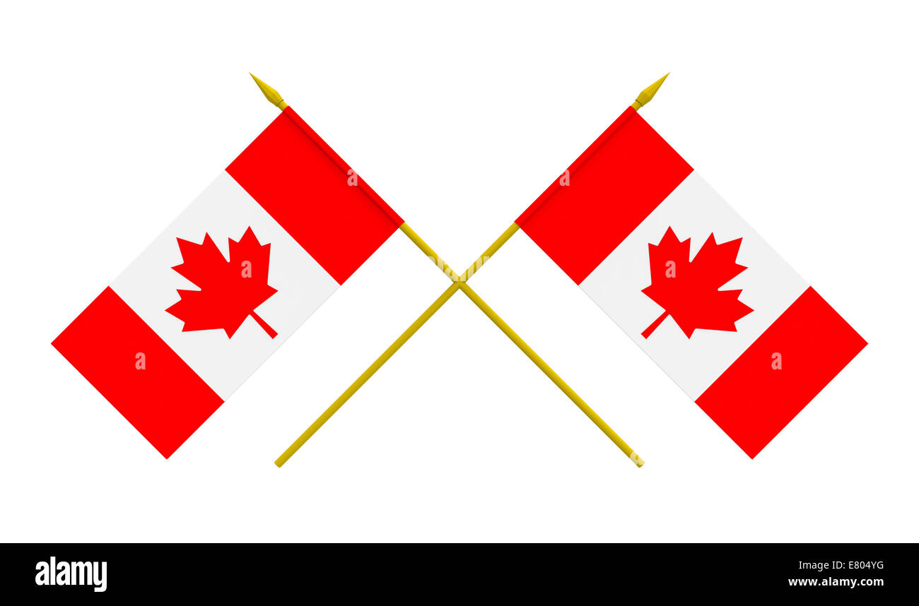 Two crossed flags of Canada, 3d render, isolated on white Stock Photo