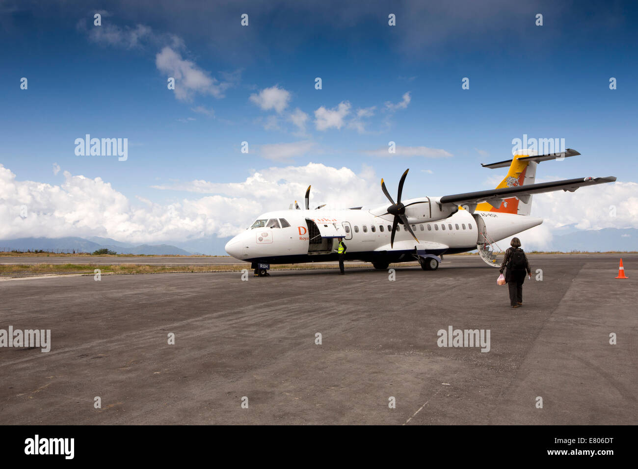 Eastern Bhutan, Yongphula, Airport Druk Air ATR 42-500 aircraft on apron at high altitude runway Stock Photo