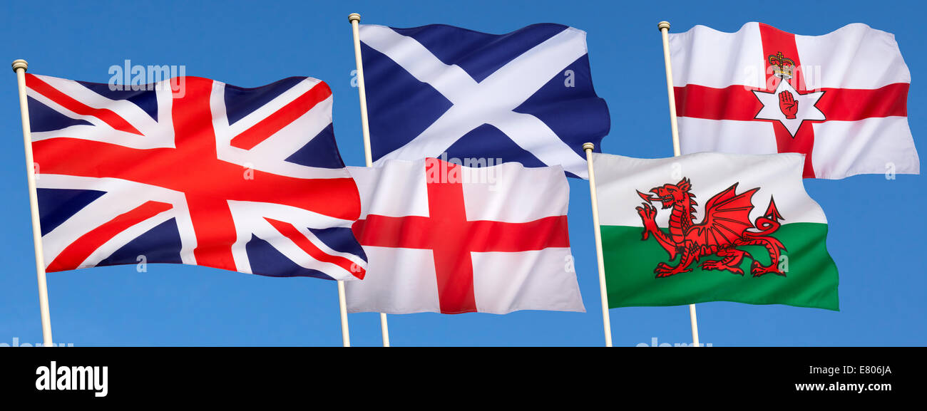 Flags of the United Kingdom of Great Britain - England, Scotland, Wales, Northern Ireland and the Union Flag. Stock Photo
