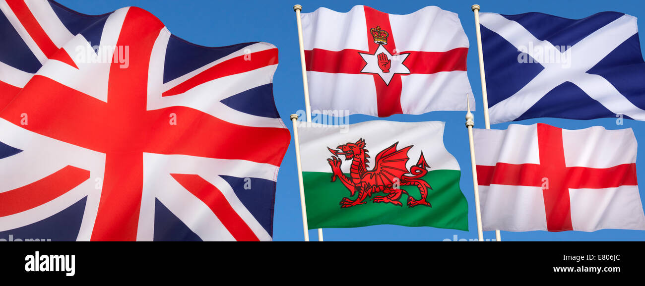 Flags of the United Kingdom of Great Britain - England, Scotland, Wales, Northern Ireland and the Union Flag. Stock Photo