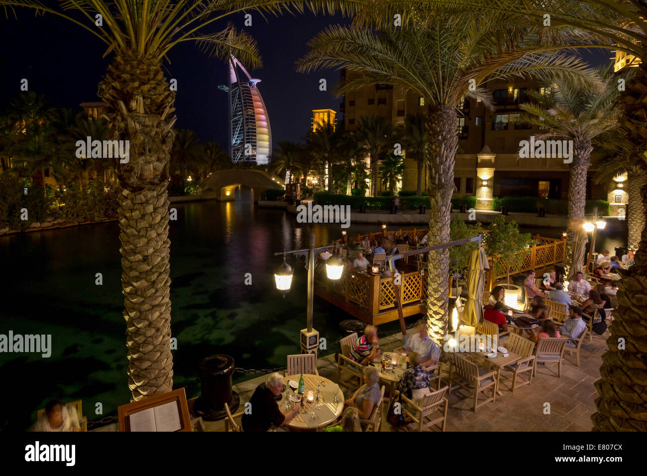 Dubai's Madinat Jumeirah shopping center at night. Stock Photo