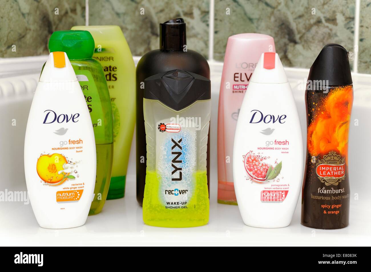 Body wash and shampoo bathroom products Stock Photo