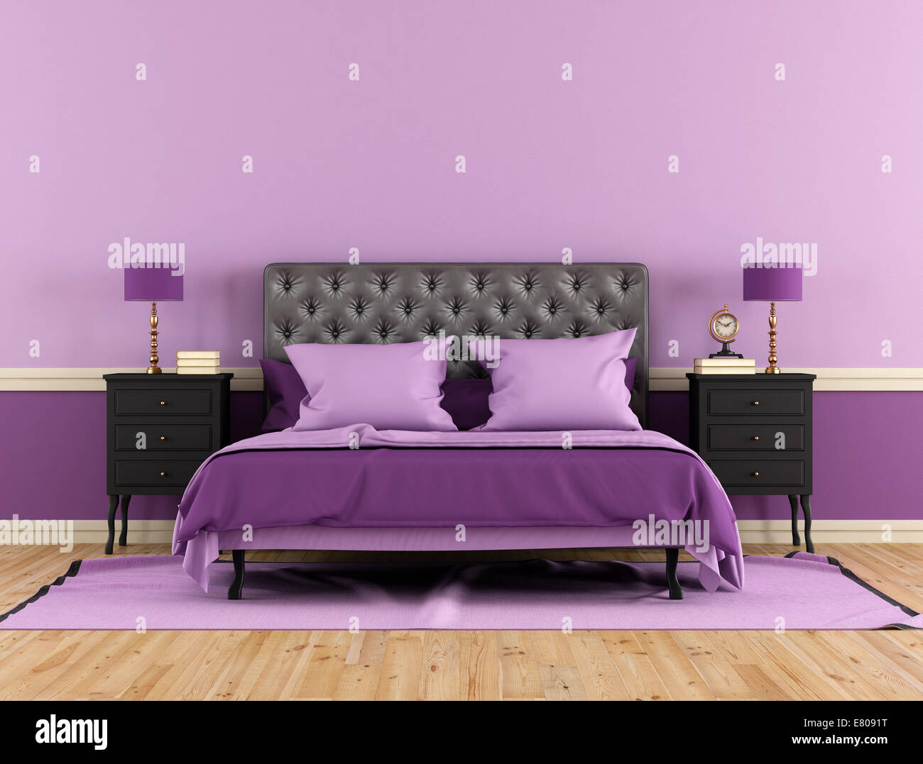 Black And Purple Bedroom With Double Bed And Nightstand