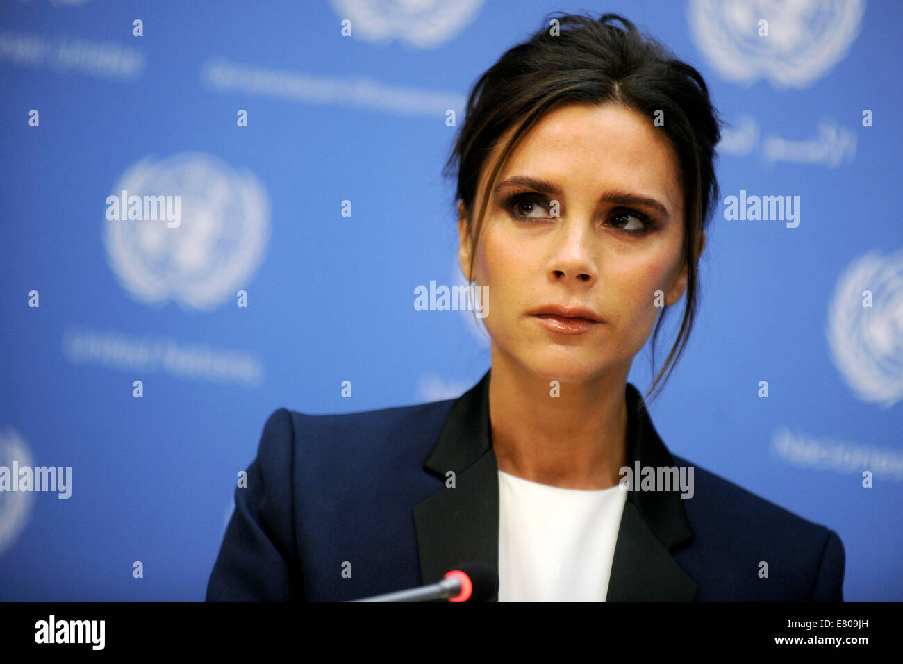 UNAIDS international goodwill ambassador, British fashion designer Victoria Beckham attends a press conference on the sideline of the 69th Session of the UN General Assembly at the United Nations in New York on September 25, 2014/picture alliance Stock Photo