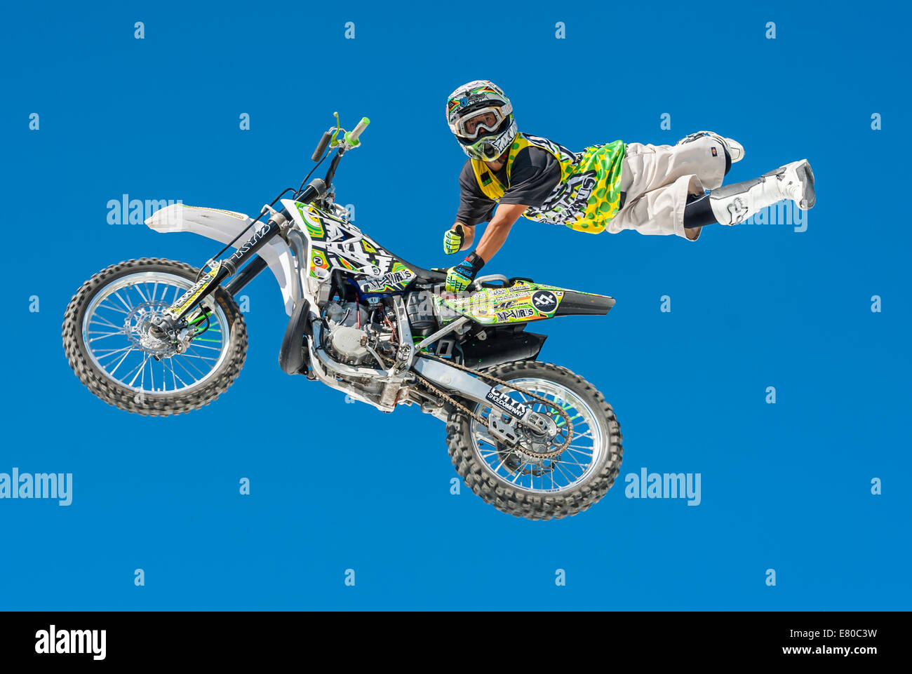 Zurich, Switzerland. 27th Sep, 2014. Daice Suzuki (JPN) seems to be enjoying his flight during the FMX style session of 'freestyle.ch', Europe's largest freestyle event at Zurich. Credit:  Erik Tham/Alamy Live News Stock Photo