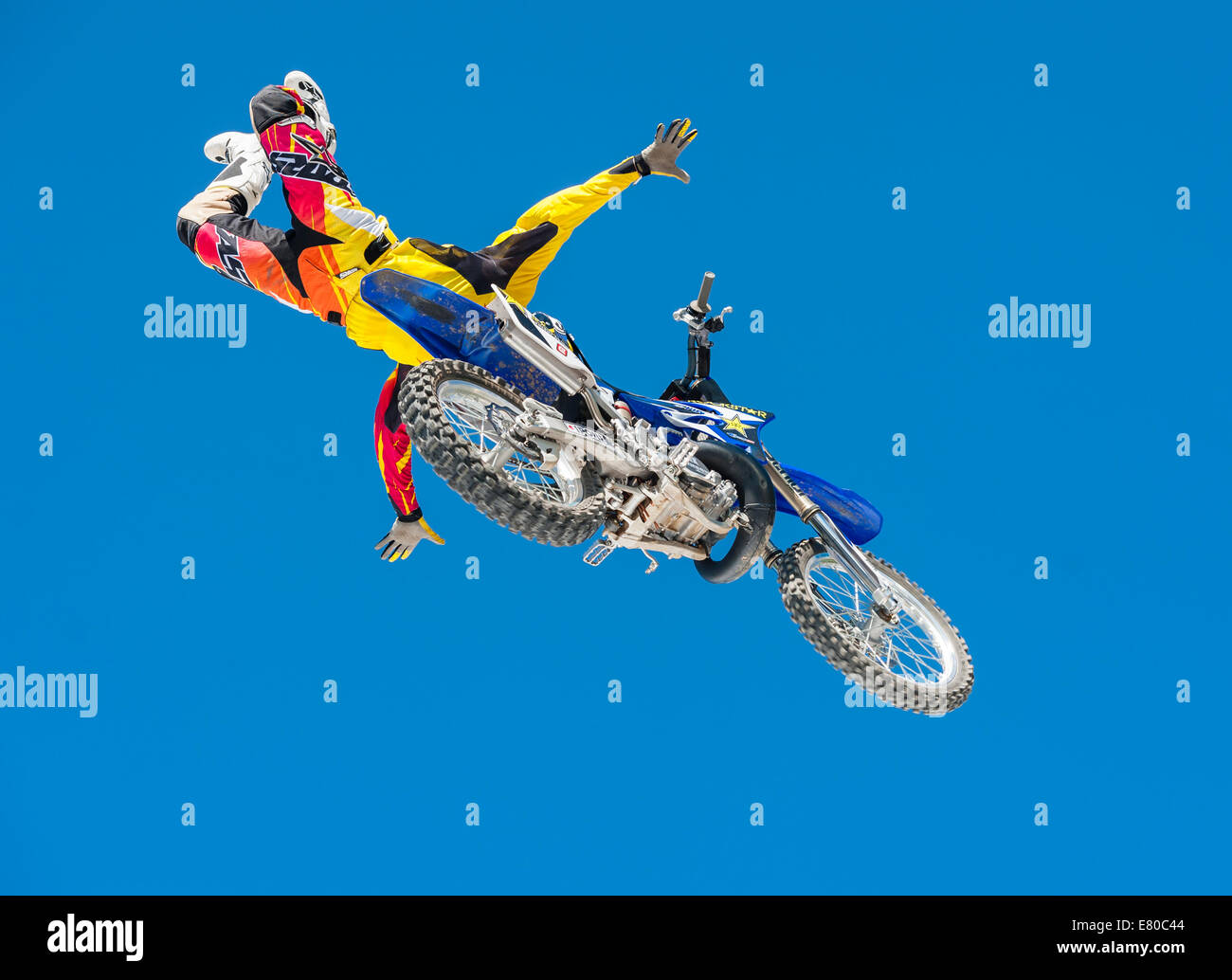 Zurich, Switzerland. 27th Sep, 2014. Flying high! Clinton Moore (AUS), winner of the FMX style session at the 20th anniversary of 'freestyle.ch', Europe's largest freestyle event at Zurich. Credit:  Erik Tham/Alamy Live News Stock Photo