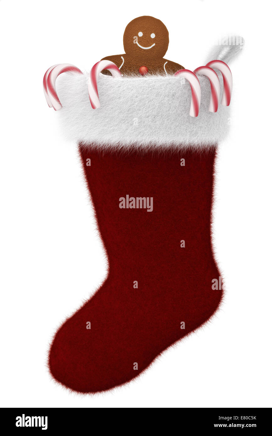 Festive Holiday Stocking Filled With Candy Canes And Gingerbread Man Stock Photo Alamy