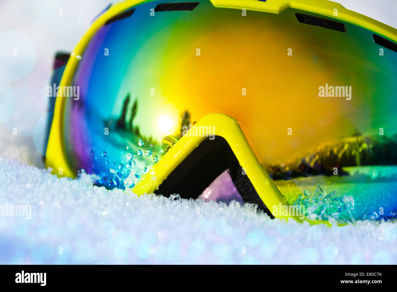 Close up view of ski mask on snow with snowflakes Stock Photo