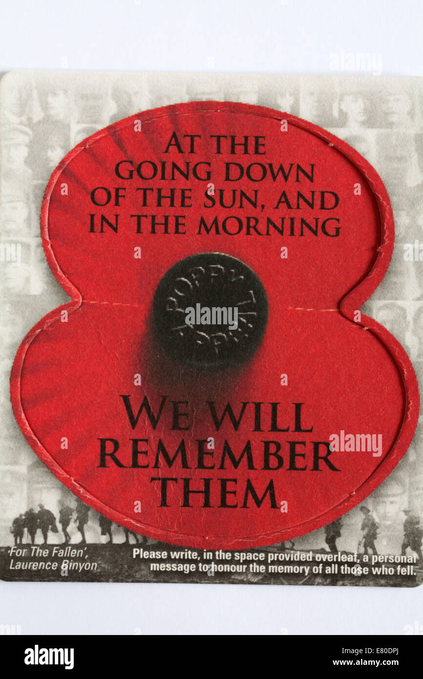 At the going down of the sun and in the morning we will remember them - message on cardboard poppy from The Royal British Legion Stock Photo