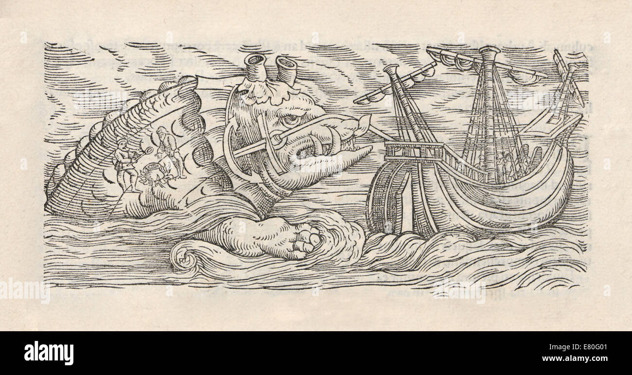Illustration of the Trol or Devil Whale from 'Historia animalium' by Conrad Gessner (1516-1565). Sailors mistaking the whales back for land can be seen cooking on his back. See description for more information. Stock Photo