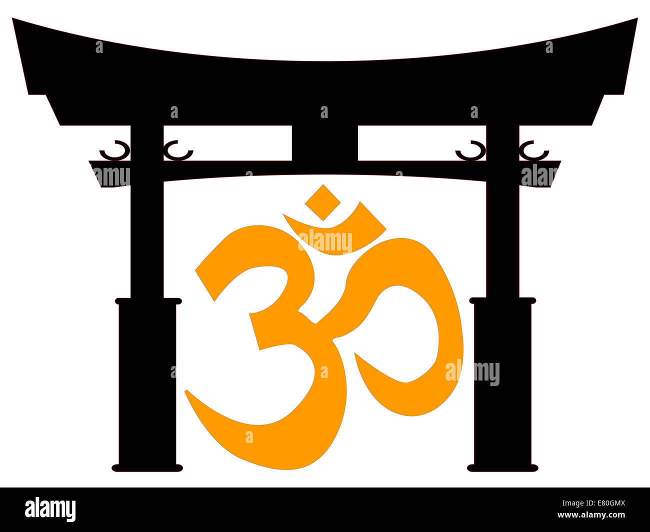 A typical Japanese Tori gate silhouette over white with the om symbol Stock Photo