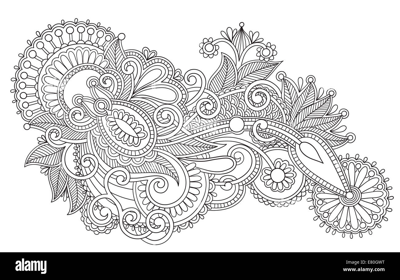 black and white original hand draw line art ornate flower design Stock ...