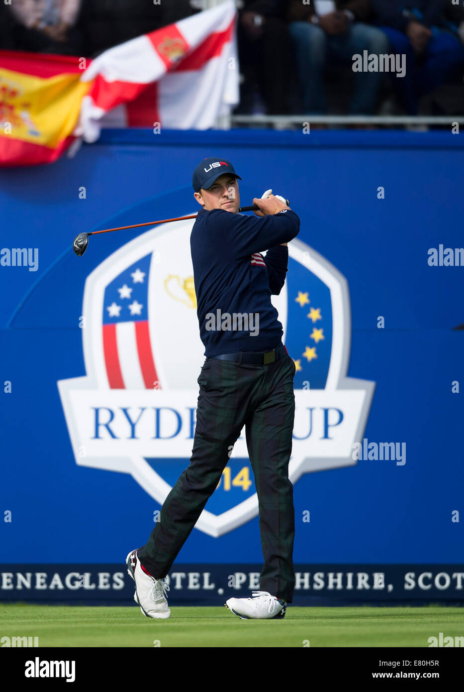Gleneagles, Auchterarder, Perthshire, Scotland. 27th Sep, 2014. The Ryder Cup. Jordan Spieth [USA] on the 1st Tee. Saturday Foursooms. Credit:  Action Plus Sports/Alamy Live News Stock Photo