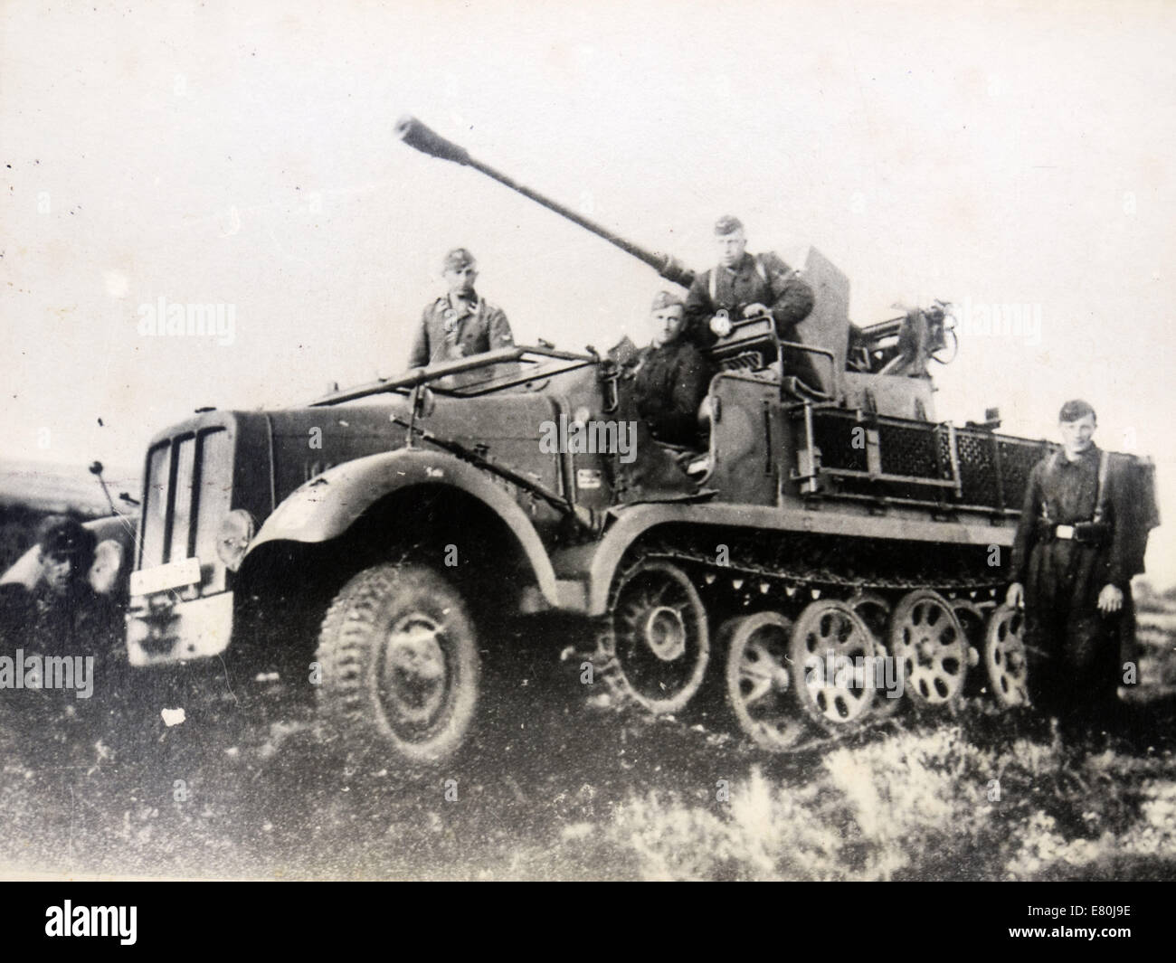 Sept. 27, 2014 - The SdKfz 6 (Sonderkraftfahrzeug 6) was a half-track military vehicle used by the German Wehrmacht during the Second World War. It was designed to be used as the main towing vehicle for the 10.5 cm leFH 18 howitzer. Germany, 1940s. Reproduction of antique photo. © Igor Golovniov/ZUMA Wire/ZUMAPRESS.com/Alamy Live News Stock Photo