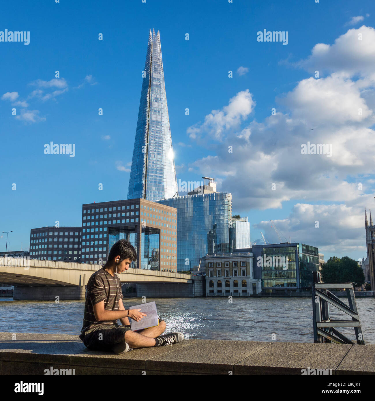 Asian Youth Studying Reading Book River Thames London Stock Photo