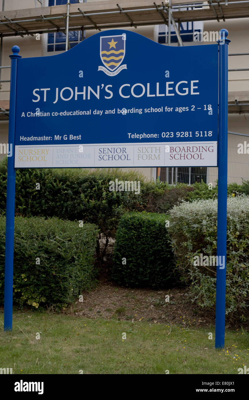 sign at main entrance to St Johns College Southsea, a Christian school for pupils aged 2-18 including sixth form college Stock Photo