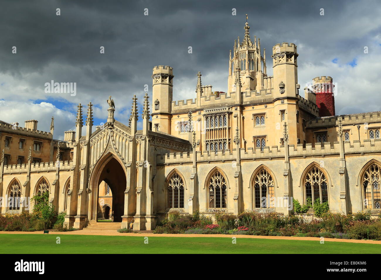 St John's college with dark clouds, University of Cambridge, UK. Stock Photo