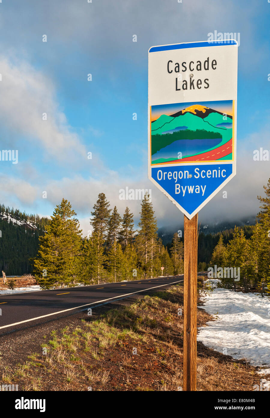 Oregon, Cascade Lakes Scenic Byway, road sign Stock Photo