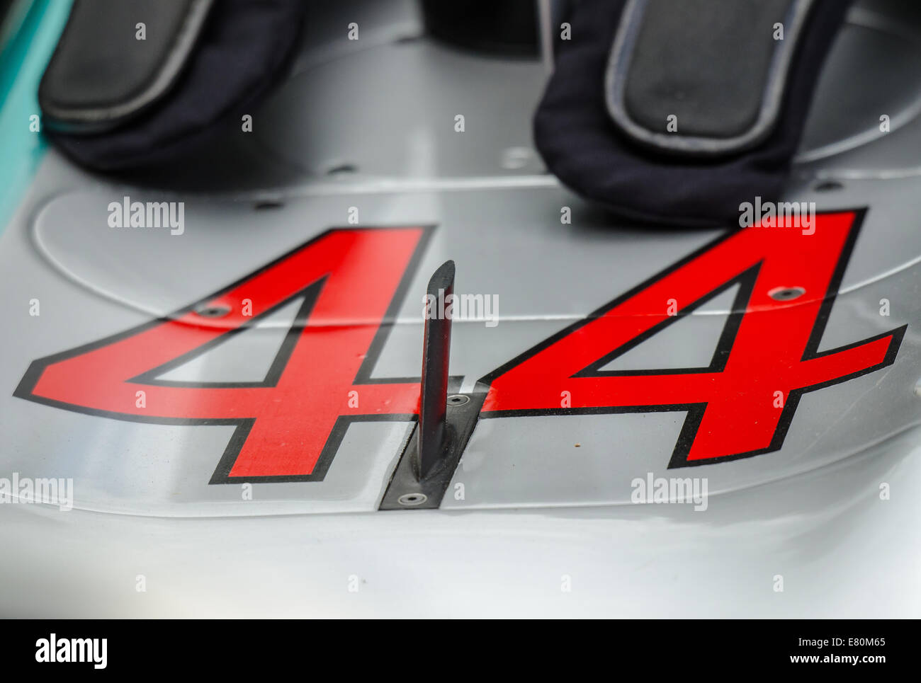 Lewis Hamilton rolls back the years in 2014 when he races with the No 44 on his Mercedes, the number he used as a child in karts. Forty four Stock Photo