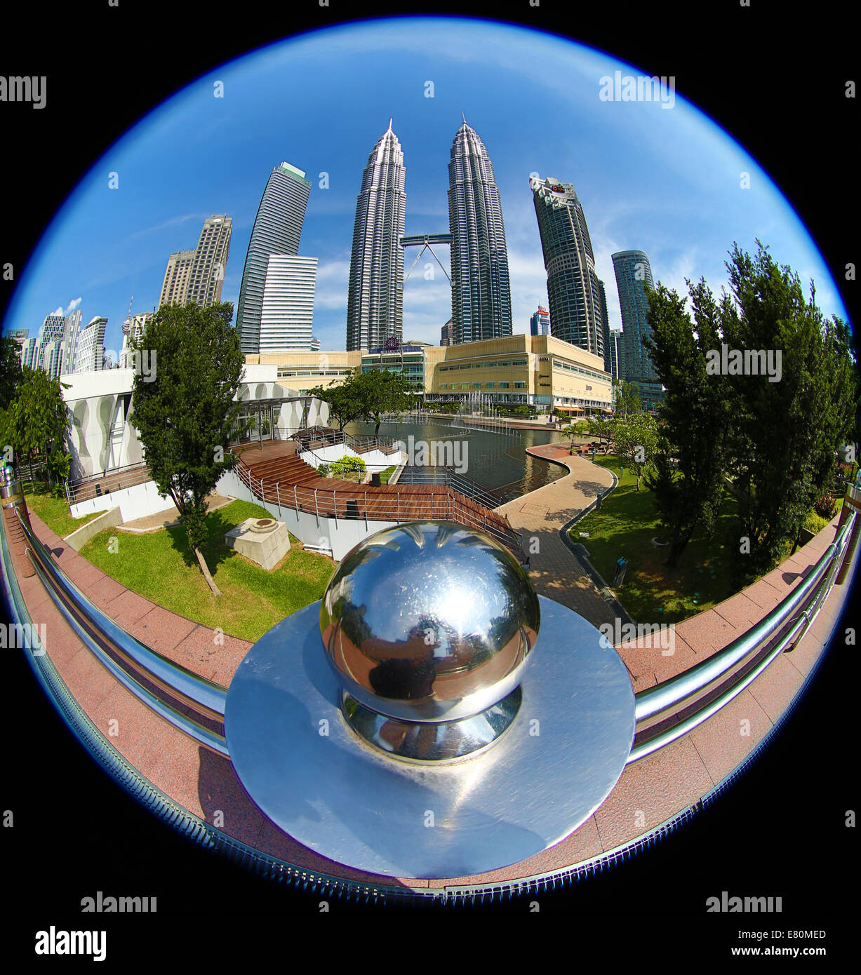Fisheye view of the Petronas Twin Towers at KLCC in Kuala Lumpur, Malaysia Stock Photo