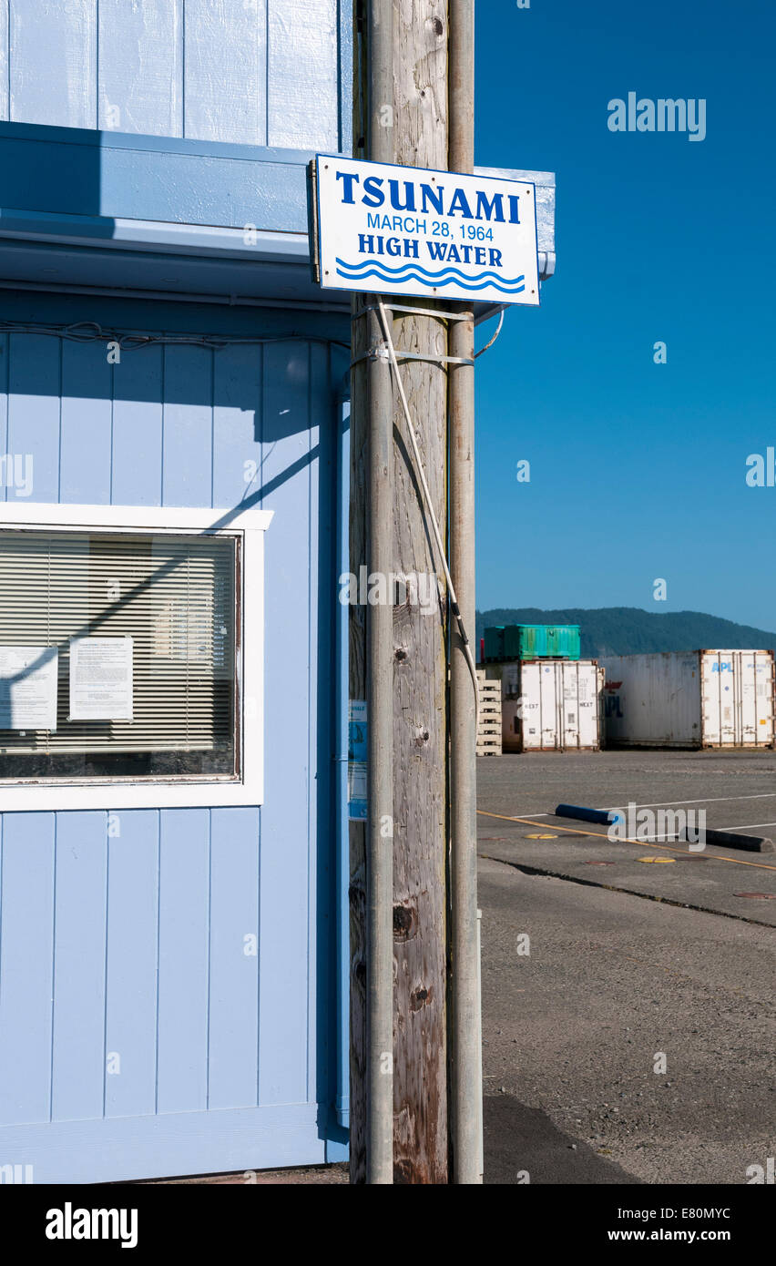 California, Crescent City, Harbor, 1964 Tsunami high water sign Stock Photo