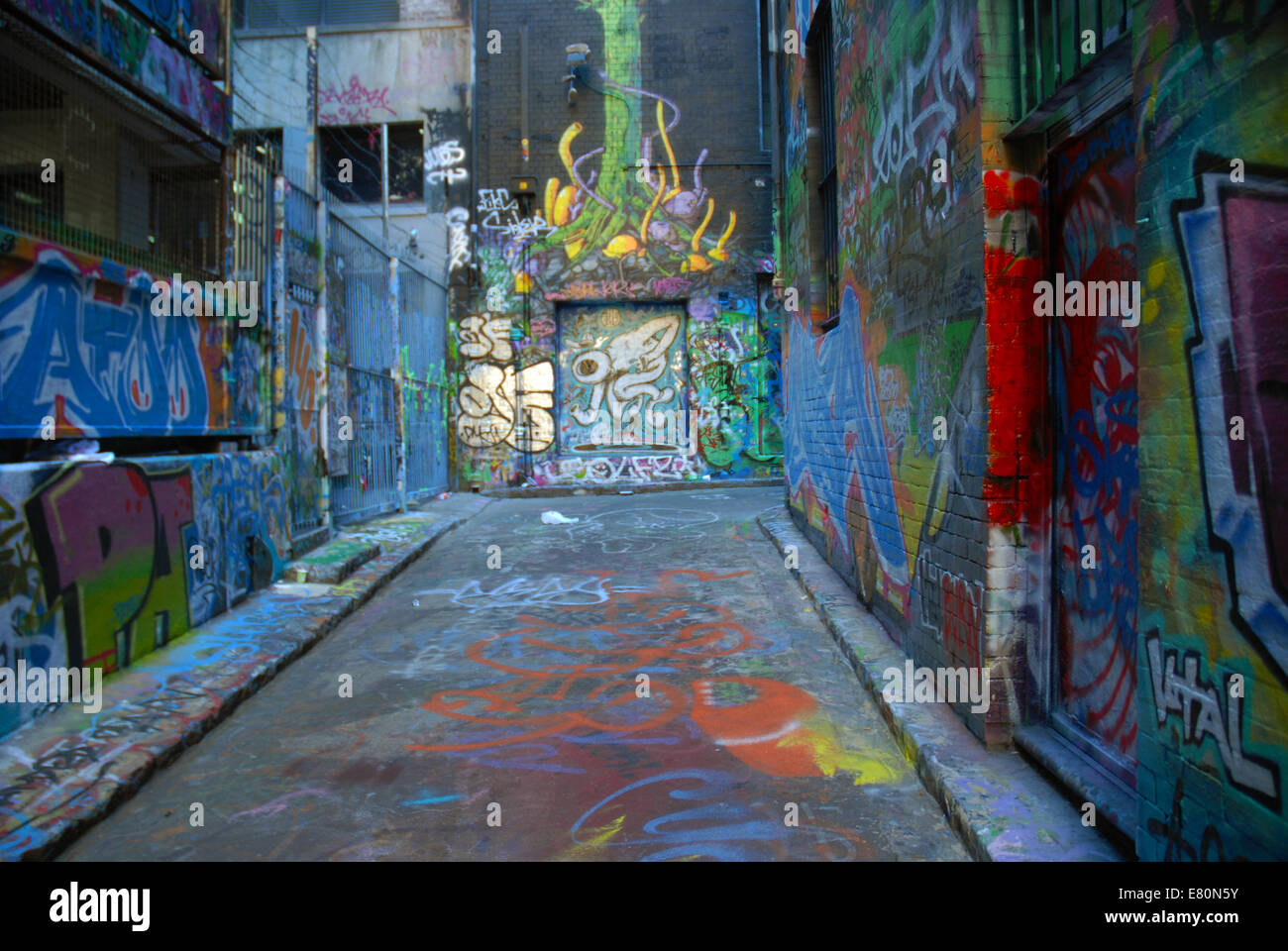 Rutledge Lane, Melbourne in Australia is where street artists are allowed to decorate the walls. Stock Photo