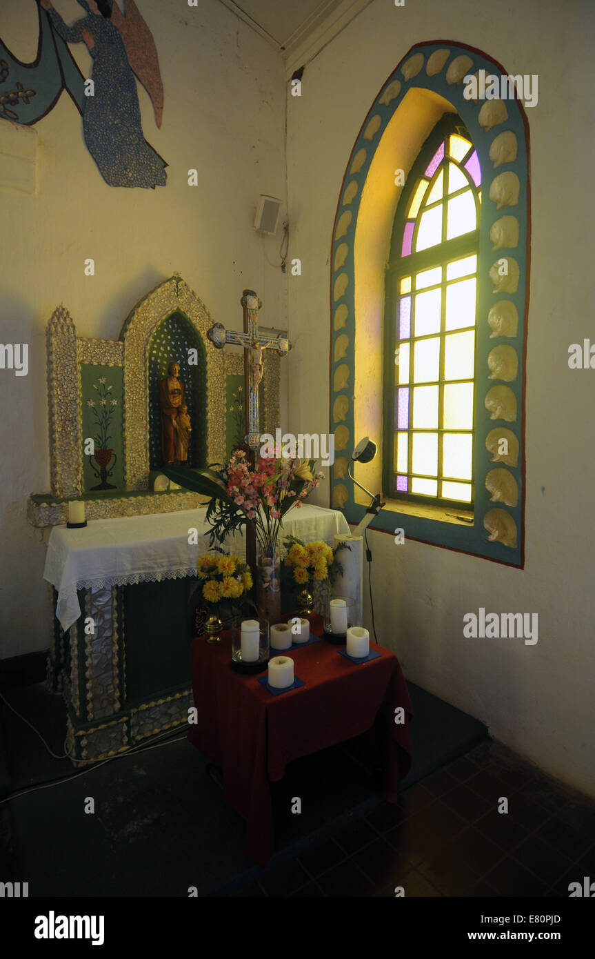 Altar inside Sacred Heart Church decorated with pearl shell, Beagle Bay, Kimberley region, Western Australia Stock Photo