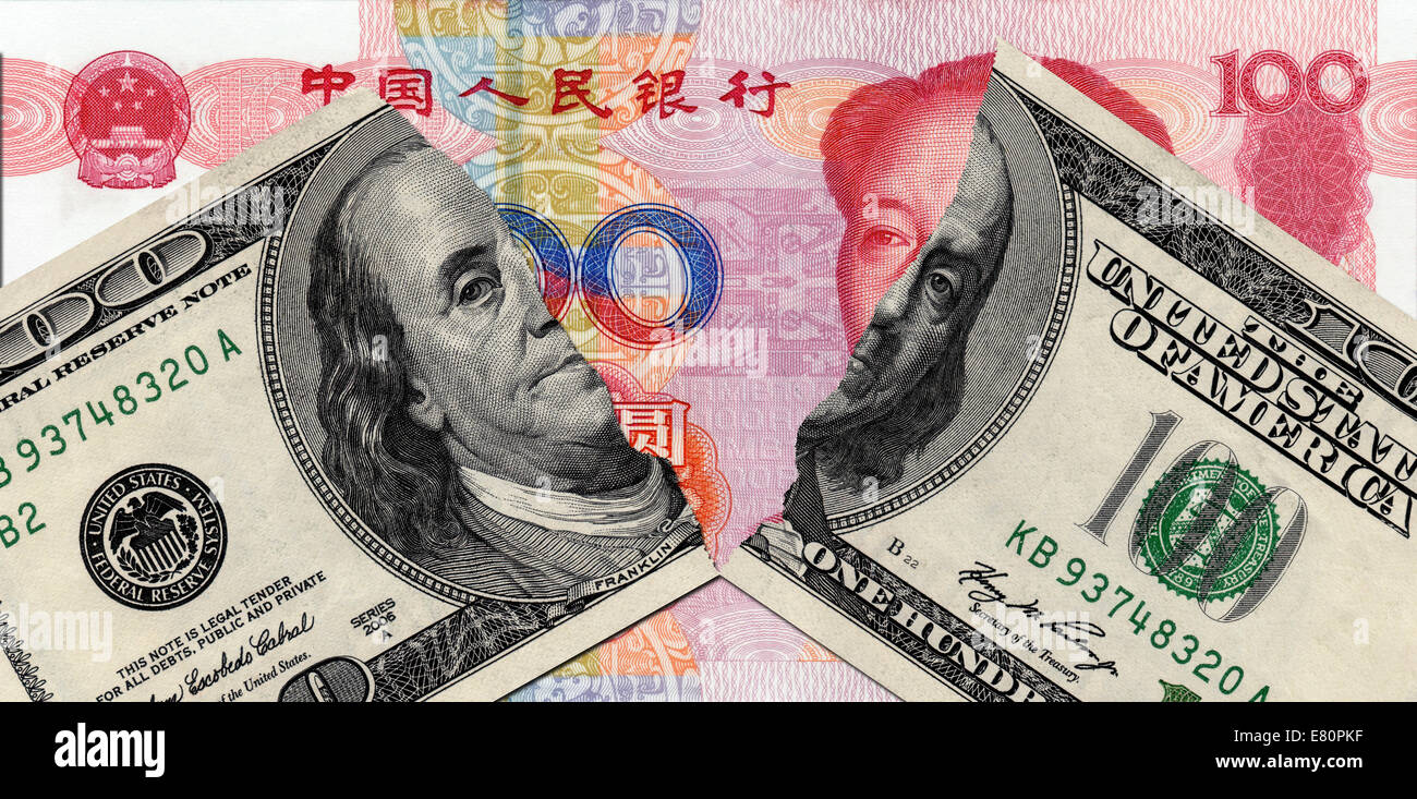 tearing USD and RMB in the bottom Stock Photo