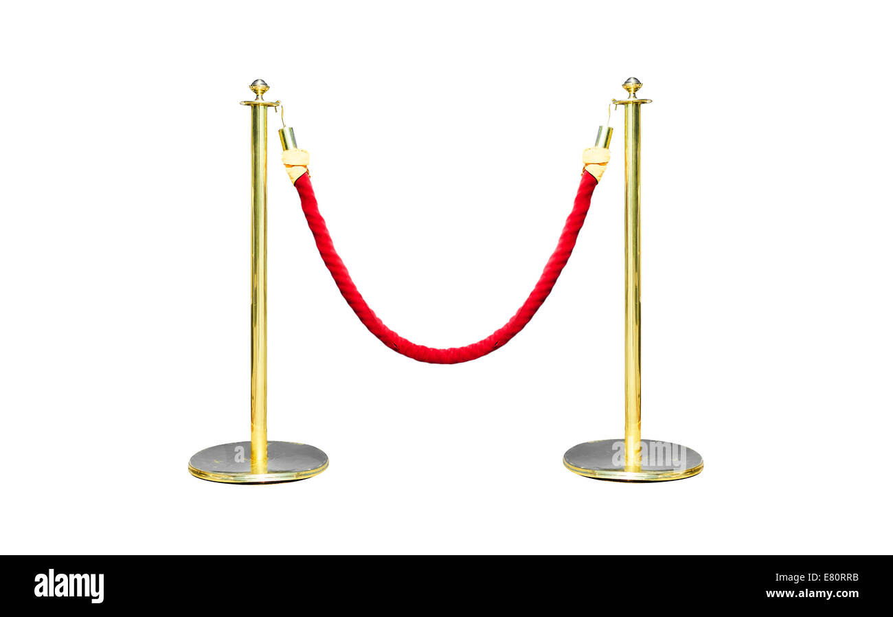 Golden fence, golden Stanchion with red barrier rope. Stock Photo