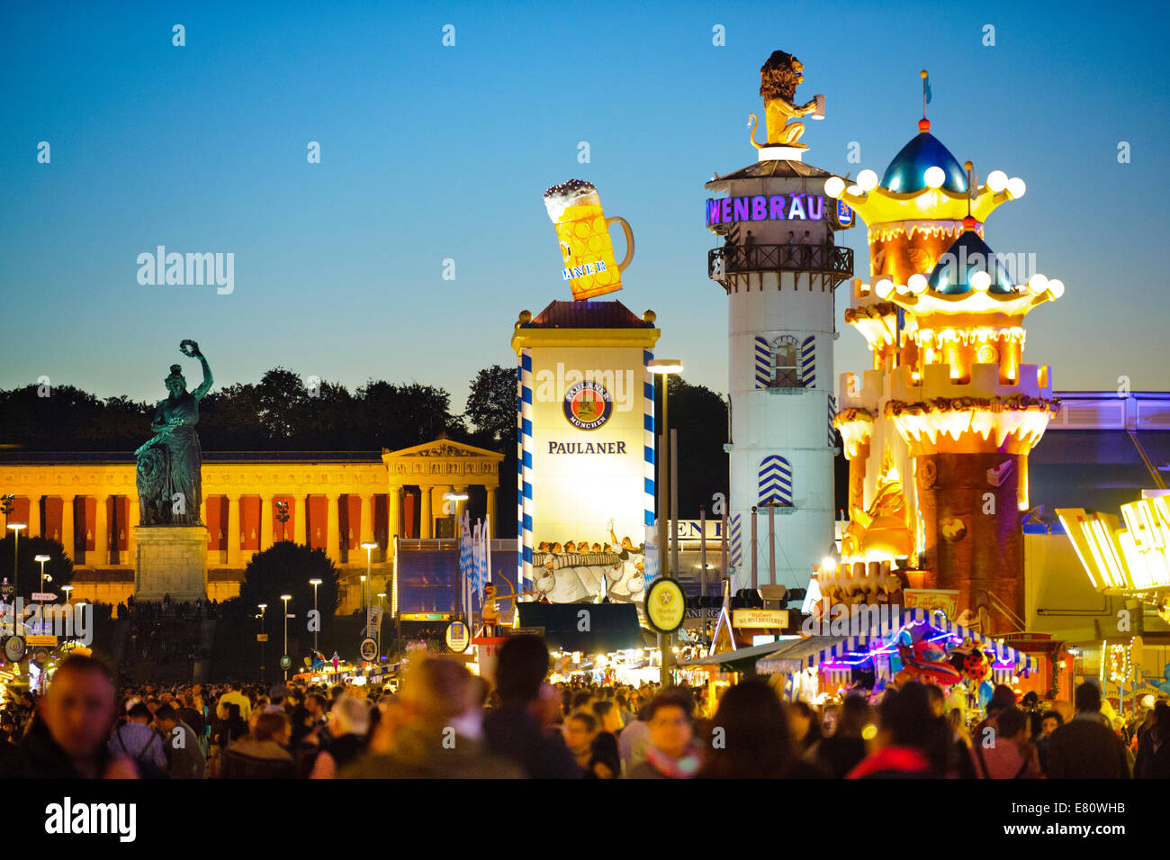 The Oktoberfest in Munich is the biggest beer festival of the world with many amusement huts, beer tents and carousels. Stock Photo