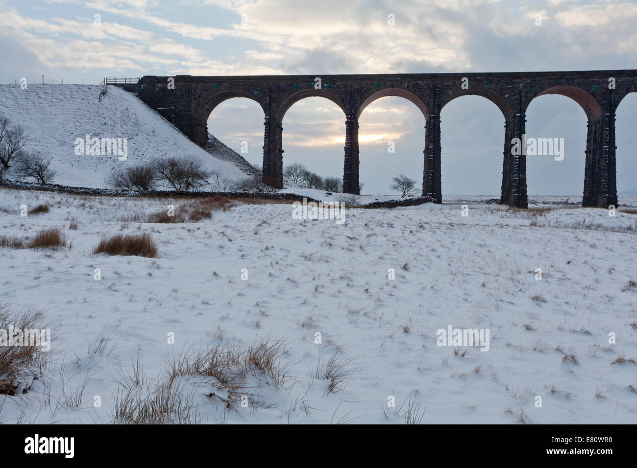 Ribblehead Viaduct in the winter, tight crop of one end Stock Photo