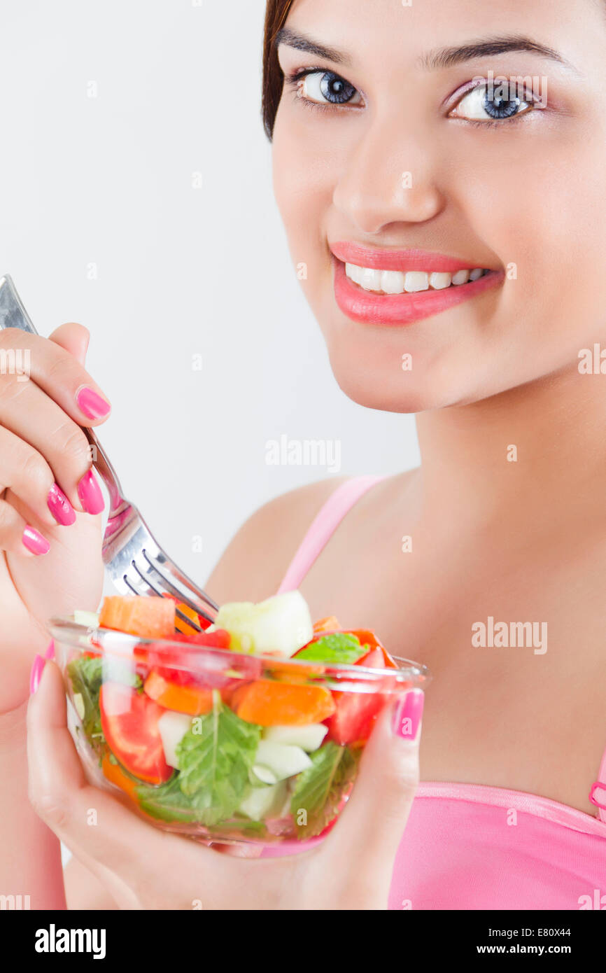 indian Beautiful Ladie Eating Diet Salad Stock Photo Alamy