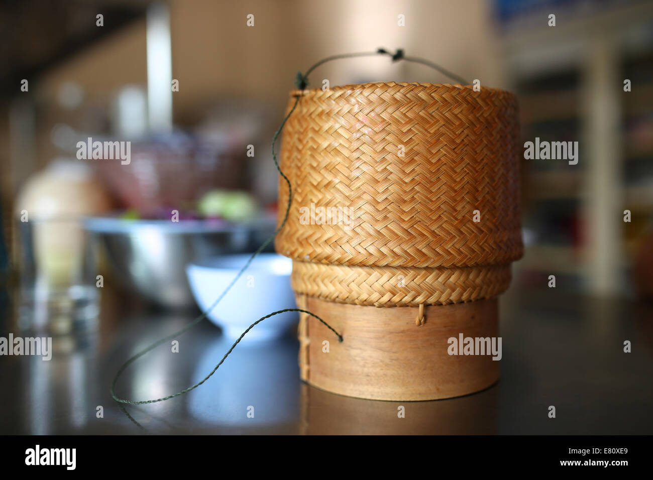bamboo container for keeping glutinous rice Stock Photo