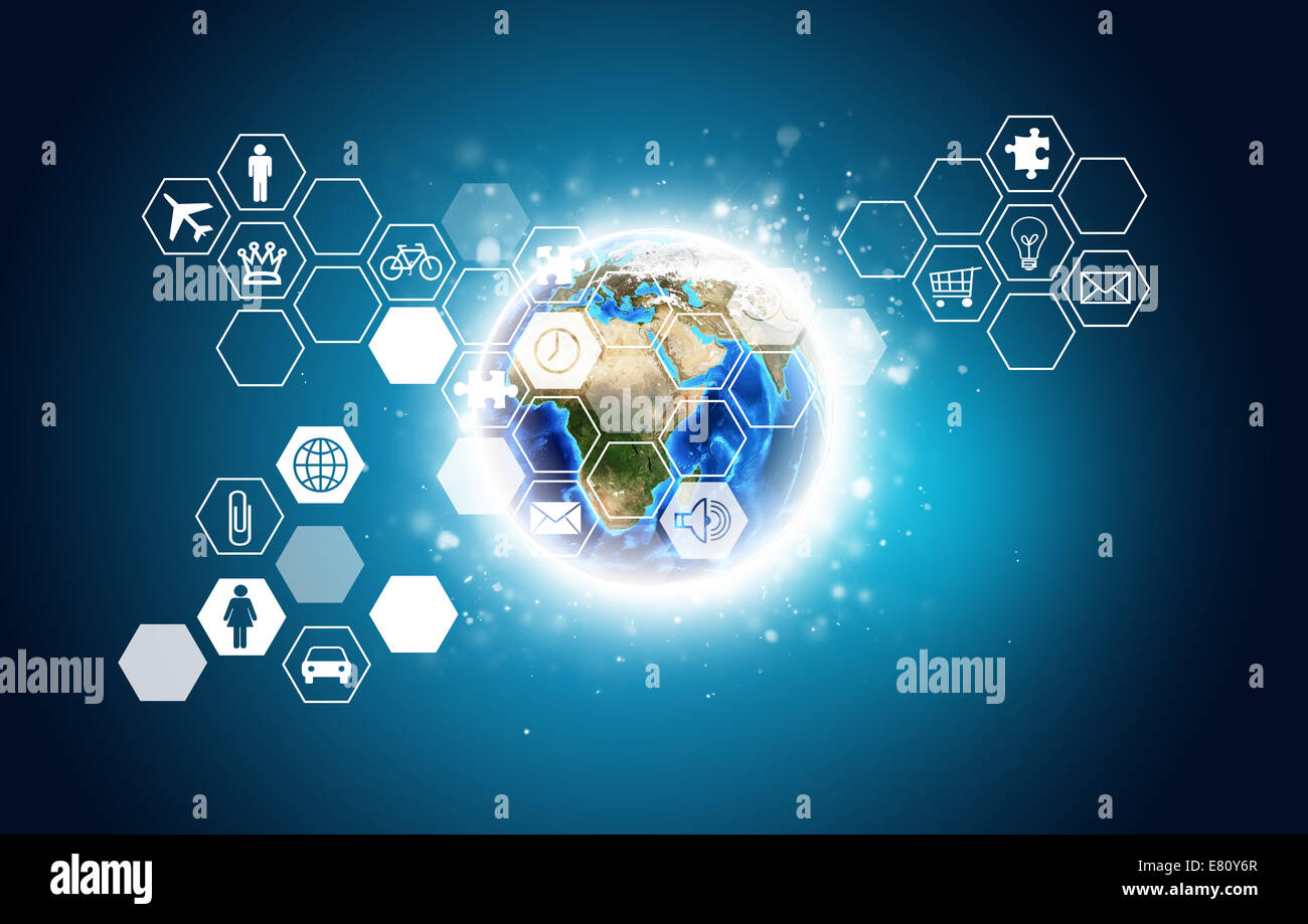 Earth and hexagons with icons Stock Photo - Alamy