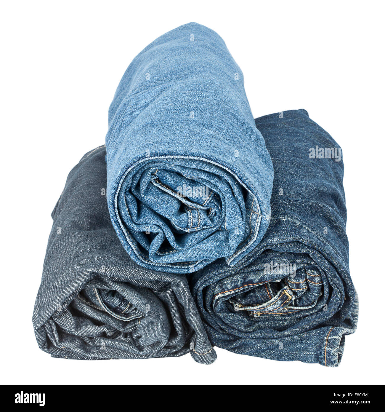 Stack of rolled jeans isolated on white background Stock Photo Alamy