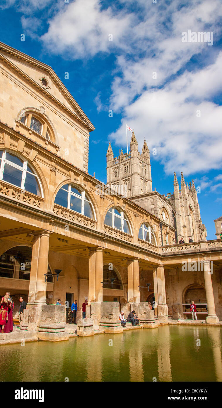 The Roman Baths, the great bath, the only hot springs in the UK, Bath city centre north east Somerset England UK GB EU Europe Stock Photo