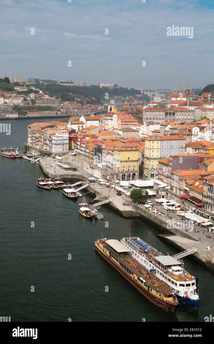 Looking down on the Ribeira riverside district from the Luiz I bridge, Oporto, Portugal. Stock Photo