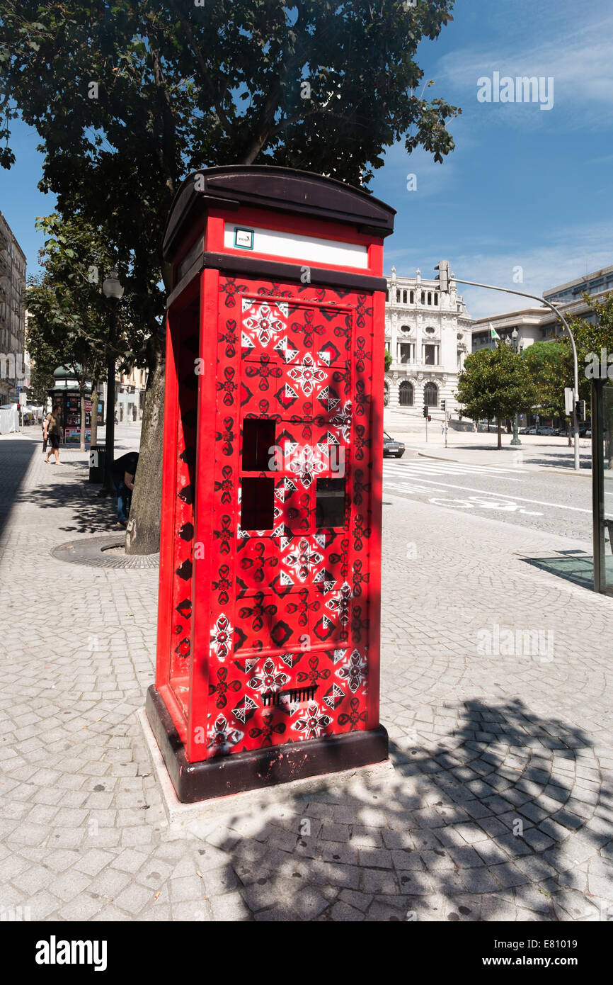 Decorated telephone box, Oporto, Portugal Stock Photo