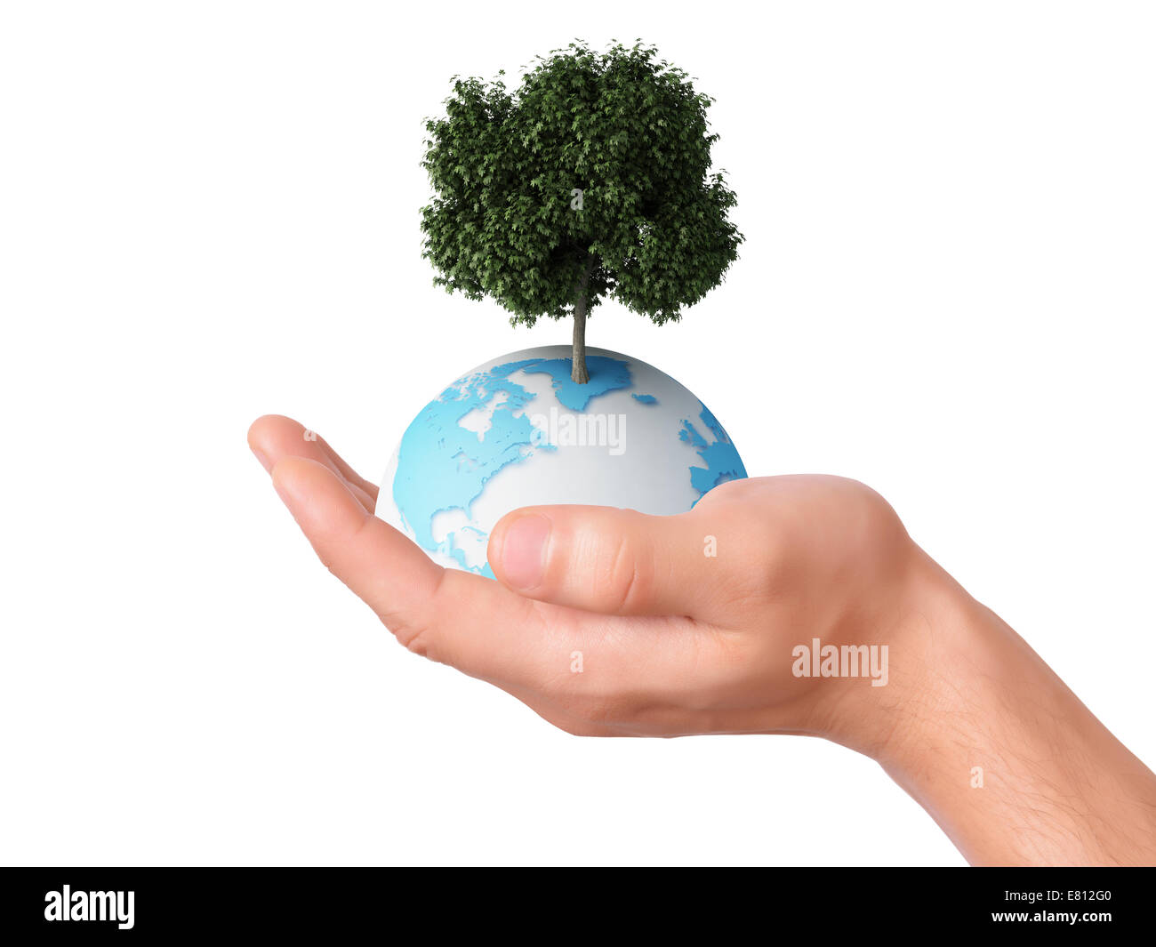 holding a glowing earth and tree in his hand on isolated white background Stock Photo