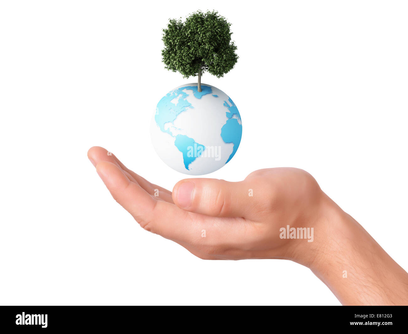 holding a glowing earth and tree in his hand on isolated white background Stock Photo